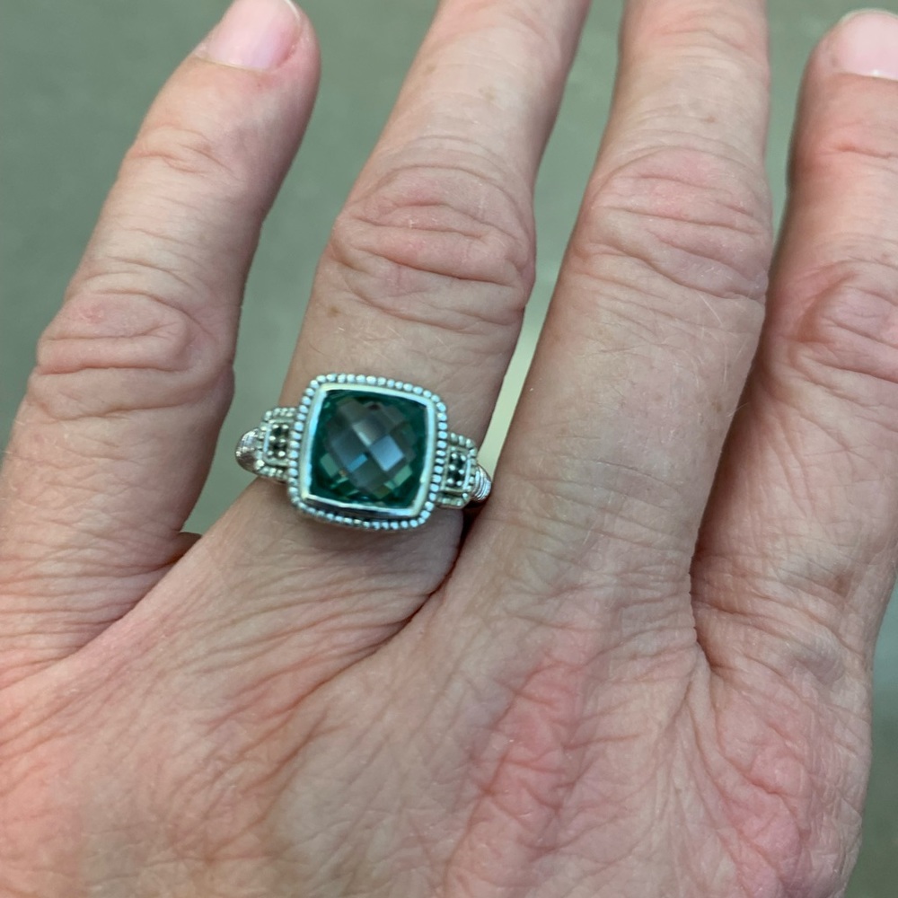 Judith Ripka SS, green amethyst and CZ -size 6.75 ring